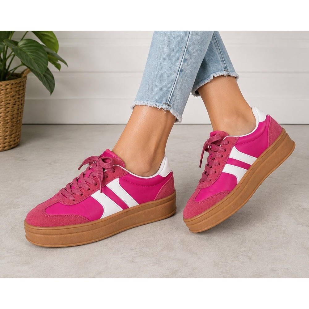 Lxuan Women's Pink White Platform Sneakers Size 8 Gum Sole Chunky Retro Lace Up